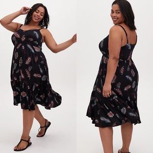 SUPER SOFT BLACK FEATHER SHIRRED HEM MIDI DRESS